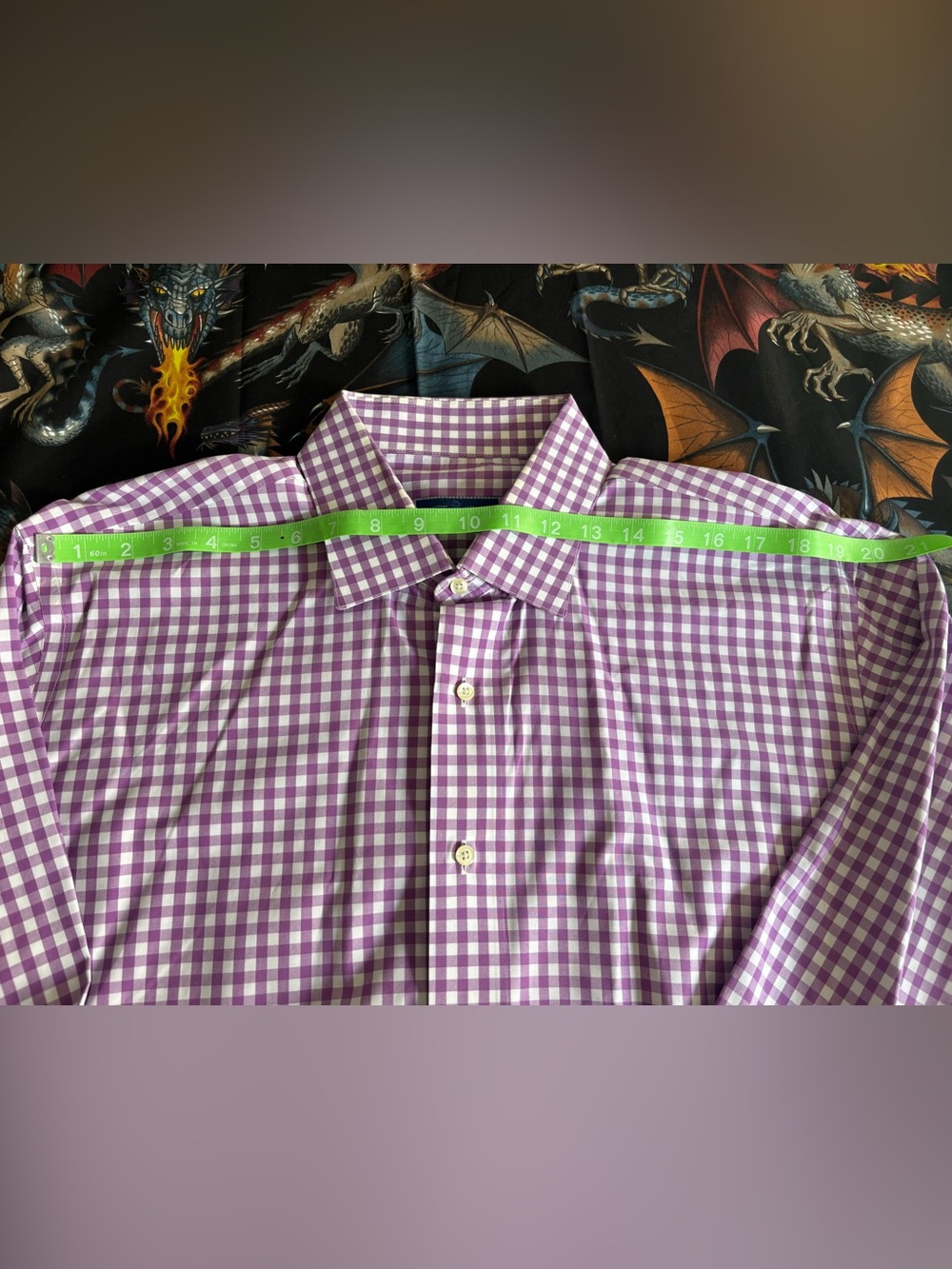TAKING OFFERS! Tom James Custom Purple Gingham Dress Shirt, *XL (see measurement - Picture 5 of 9